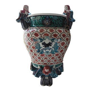 Antique Asian Porcelain Centerpiece Bowl With 5 Sculpted Figurine Handles & Feet For Sale