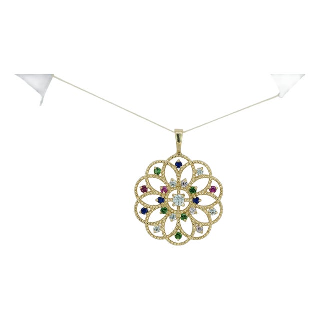 14k Gold Pattern Pendant With Multicolor Gemstones For Sale