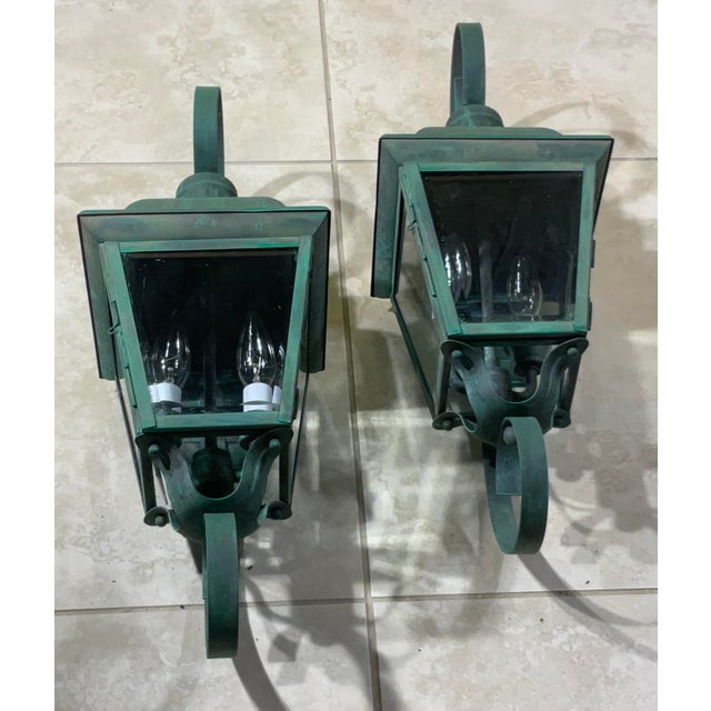 Pair of Vintage Solid Brass Outdoor Wall Lanterns - 22”h X 7”.5 W X 7”.5 D For Sale - Image 11 of 16
