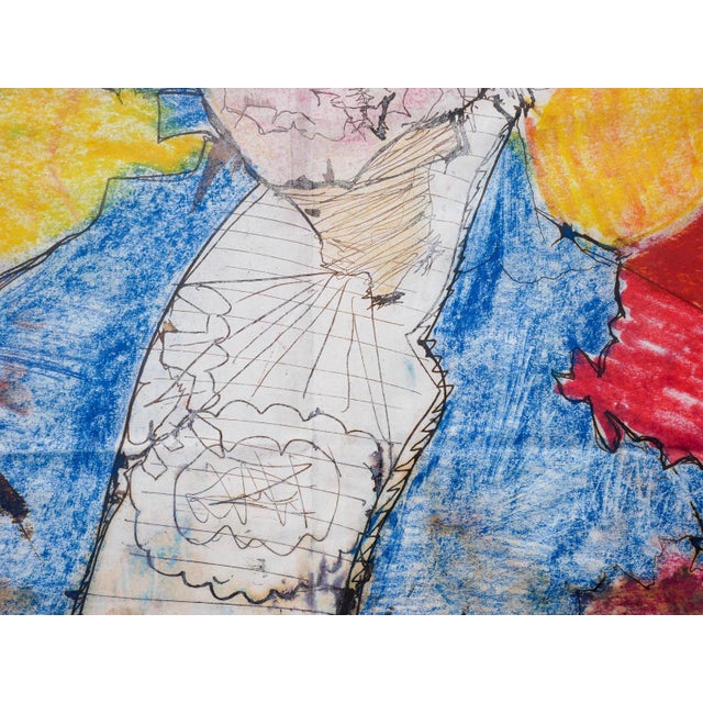 Orange, blue, and yellow abstract figurative portrait by Texas artist Ike E. Morgan. This pastel drawing depicts an...