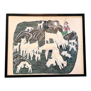 Vintage Japanese Folk Art Drawing, Framed For Sale