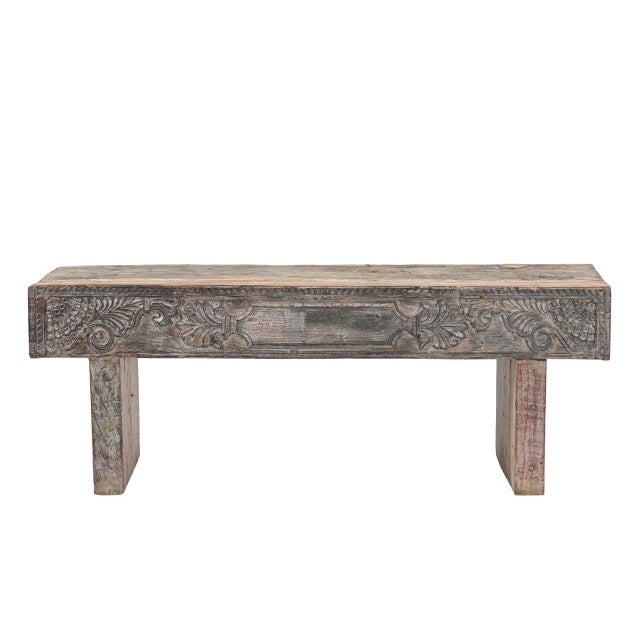 Farmhouse Indian Carved Front Rustic Teakwood Bench For Sale - Image 3 of 4