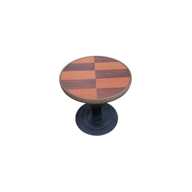Vintage French Geometric Marquetry and Cast Iron Martini Side Table by Michel Postaire, 1980s For Sale - Image 4 of 6