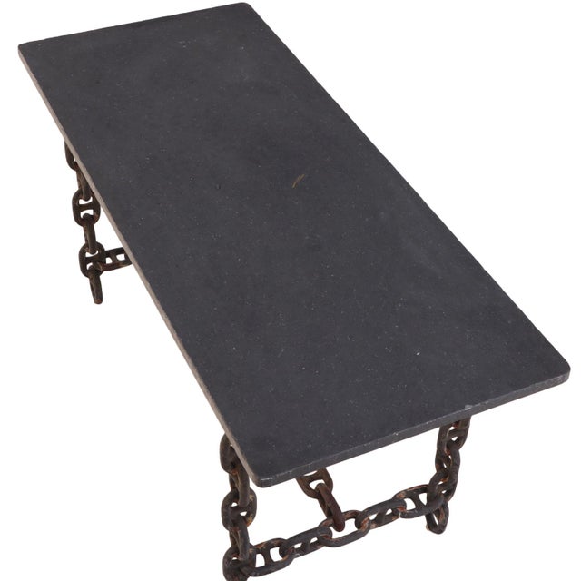 Metal Pair of Brutalist Blue Stone Top Chain Consoles, C. 1970 For Sale - Image 7 of 7