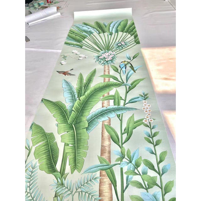Not Yet Made - Made To Order Chinoiserie Tropical Hand-Painted Wallpaper Panels, Soft Grey-Green Background With Exotic Floral, Bird & Monkey Mural, Set of 6 For Sale - Image 5 of 7