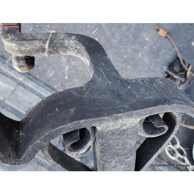 Pair Early Antique French Wrought Iron Basket Top Andirons / Firedogs With Crane Pot Bar 28" For Sale - Image 15 of 16