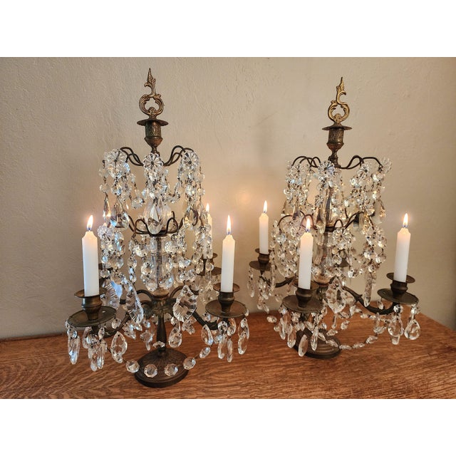 Exquisite Pair of Vintage Crystal Girandole Candelabra 5 Light Mantel Garnitures For Sale - Image 10 of 18