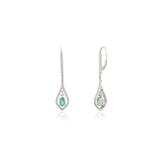 14k Gold Modern Emerald and Halo Diamonds Drop & Dangle Earrings- A Pair For Sale In New York - Image 6 of 11