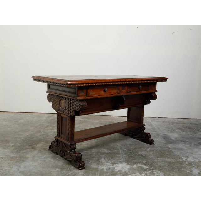 Wood Italian 1800s Walnut Trestle Base Table with Two Drawers and Carved Motifs For Sale - Image 7 of 12