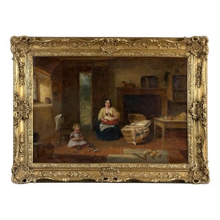 British Artist, Victorian Cottage Interior with Mother and Children, 1860-1870, Oil on Canvas For Sale