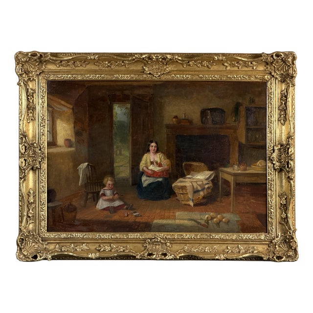 British Artist, Victorian Cottage Interior with Mother and Children, 1860-1870, Oil on Canvas For Sale