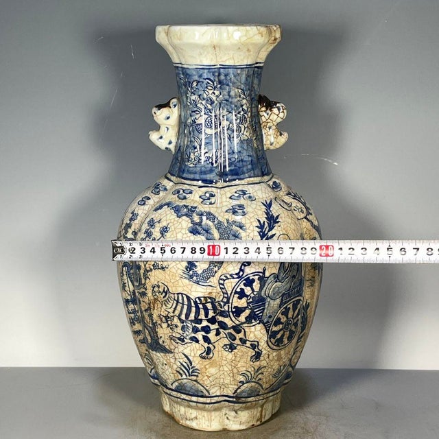 Chinese Chinese Blue & White Crackle Glaze Porcelain Vase With Tiger & Figural Motif For Sale - Image 3 of 9