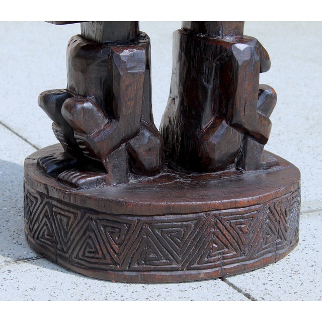Vintage Hand-Carved African Man & Woman Figural Stool – 20.5” H X 15.75” W Sculptural Tribal Side Table With Geometric Carving For Sale - Image 12 of 17