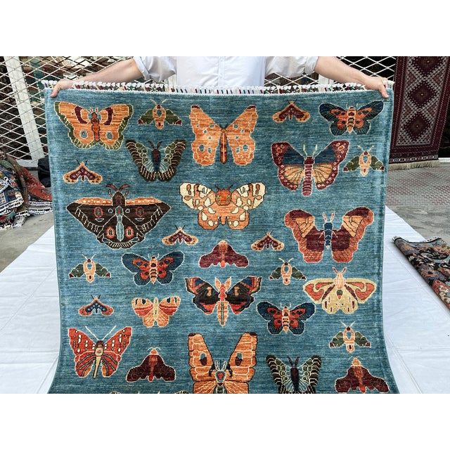 Denim Blue Butterfly Moth Pictorial Hand-Knotted Wool Rug - 4'11" X 6'6" For Sale - Image 9 of 10