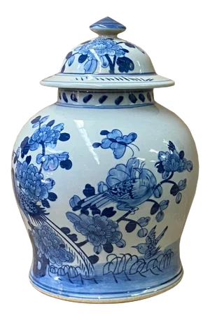 Chinese Blue White Porcelain Flower Birds Graphic Temple Jar