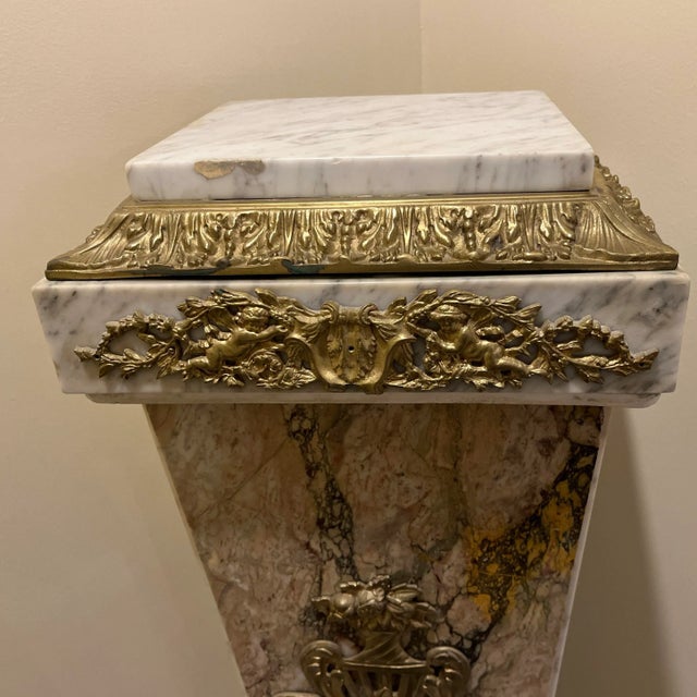1900 - 1909 French Antique Marble Pedestal With Ornate Bronze Motifs For Sale - Image 5 of 10