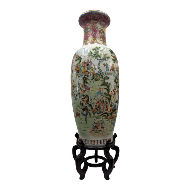 Monumental Chinese Famille Rose Battle Scene Porcelain Floor Vase & Stand For Sale