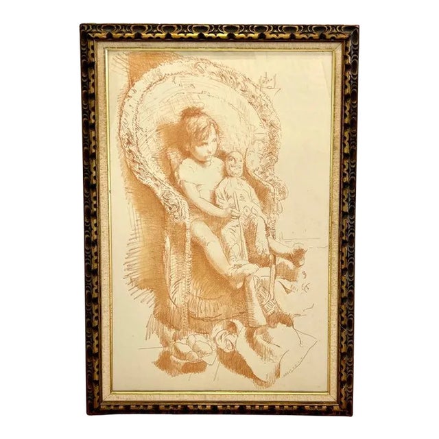 Conger Metcalf Painting, Portrait of Girl With Doll, Conte Crayon on Paper in Gold Leaf Frame For Sale