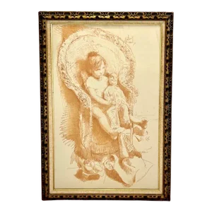 Conger Metcalf Painting, Portrait of Girl With Doll, Conte Crayon on Paper in Gold Leaf Frame