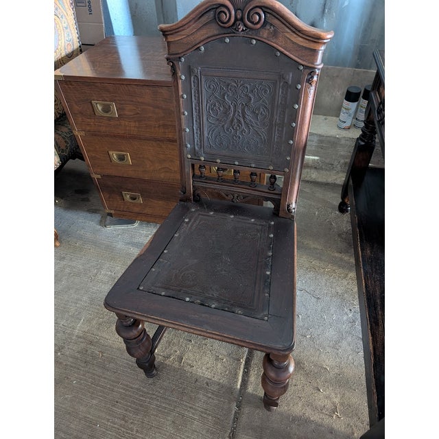 Pair of Early 20th Century Jacobean / Henry II Revival Tooled Leather Dining Side Chairs For Sale - Image 9 of 9