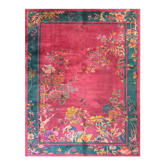 1920s Pink Floral Modern Antique Chinese Art Deco Rug 9' X 11'8" Handknotted Wool Carpet For Sale