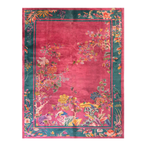 1920s Pink Floral Modern Antique Chinese Art Deco Rug 9' X 11'8" Handknotted Wool Carpet