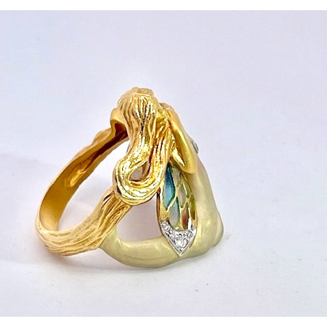 Gold 1980s Masreira Mermaid Enamel Ring 18k, Size 6 For Sale - Image 8 of 12