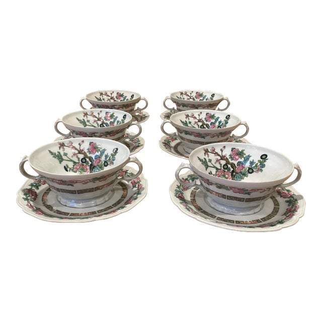 1950s Set of 6 Limoges Soup Cups W/Chinoiserie Decor For Sale