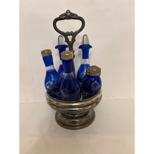 Late 19th Century Antique Victorian Silver Plate an Cobalt Blue Glass 5-Bottle Caster Cruet Set For Sale - Image 5 of 5