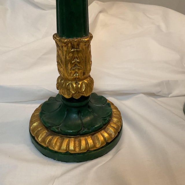 Vintage Italian Hand Carved Goldleaf Wood Candle Stick Lamps With Shades/Finials - a Pair For Sale - Image 4 of 13