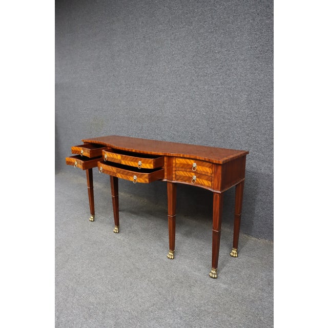 Wood Maitland-Smith Mahogany Inlaid Console Table With Six Drawers and Brass Paw Feet For Sale - Image 7 of 15