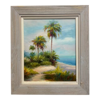 Vintage Oil on Canvas Beach Scene Solid Wood Frame For Sale