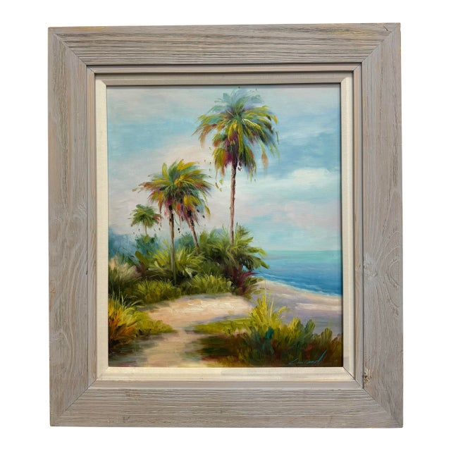 Vintage Oil on Canvas Beach Scene Solid Wood Frame For Sale