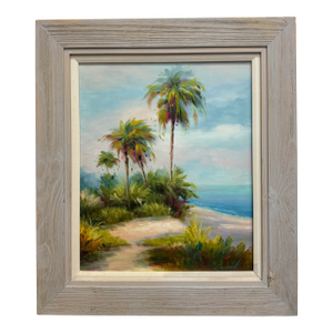 Vintage Oil on Canvas Beach Scene Solid Wood Frame