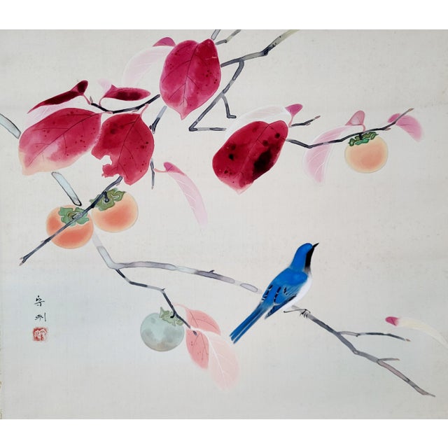 Japanese Antique Japanese Hanging Scroll by Mori Shumei “Bird and Persimmon Tree” – Kakemono of Late Meiji – Early Showa Period With Wood Storage Box For Sale - Image 3 of 7
