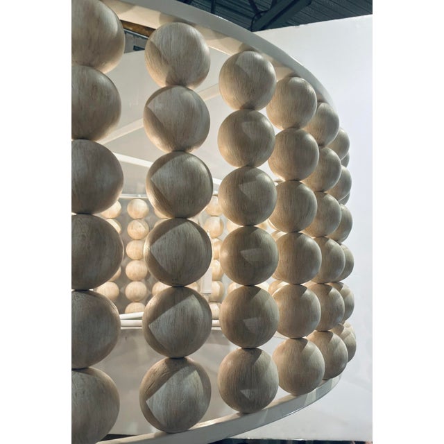 Original retail $3740, stylish Currey & Company Organic Modern Beige Wood Bead Holcroft Chandelier, White wrought iron...