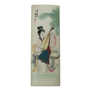 Chinese Hand Painted Hard Stone Paperweight with Woman & Instrument 20th Century