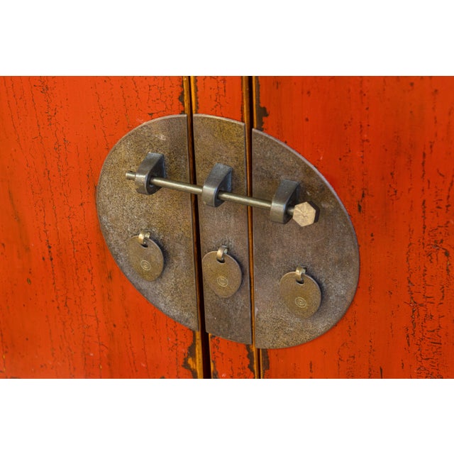 Vintage Asian Red Lacquered With Brass Hardware Sideboard Buffet Cabinet For Sale - Image 9 of 9