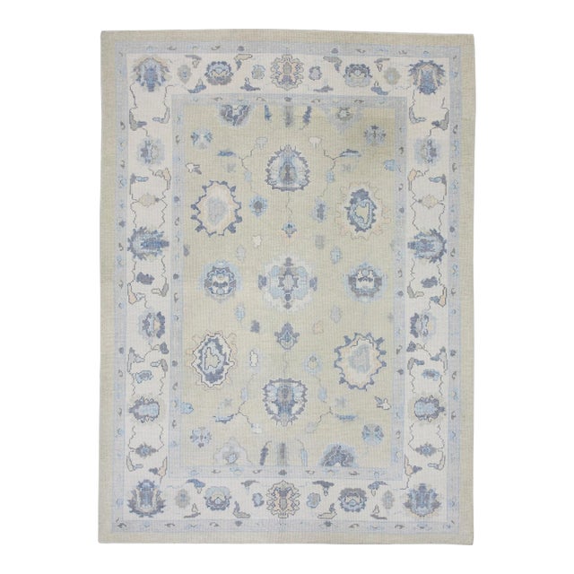 Tan & Blue Floral Design Handwoven Wool Turkish Oushak Rug 6'3" X 8'7" For Sale