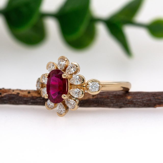 1ct Mozambique Ruby and Earth-Mined Diamond Floral Ring in Solid 14k Gold, Size 6.75 For Sale - Image 4 of 7