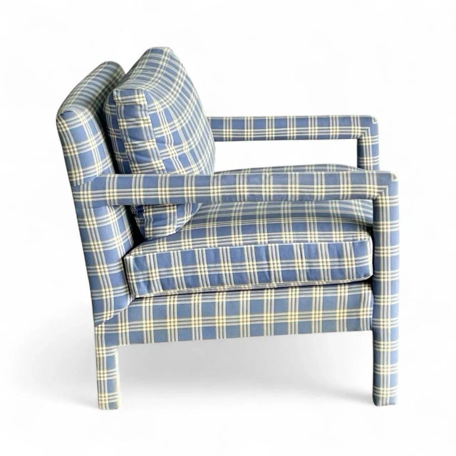 Milo Baughman Vintage Parsons Lounge Chair With Custom Blue Plaid Upholstery | Milo Baughman Style For Sale - Image 4 of 12