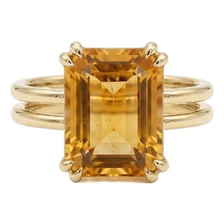 Natural Citrine Cocktail Ring • Double Band Emerald Cut Gemstone Ring Us 7 For Sale