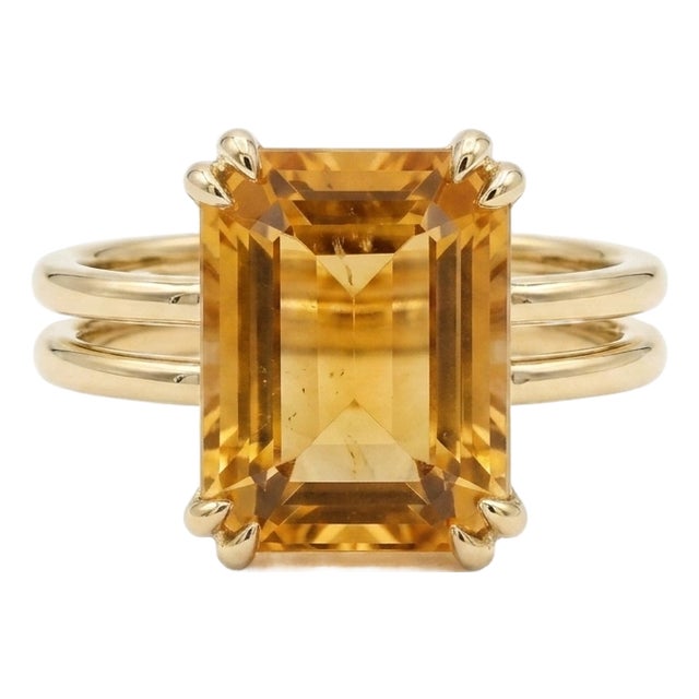 Natural Citrine Cocktail Ring • Double Band Emerald Cut Gemstone Ring Us 7 For Sale