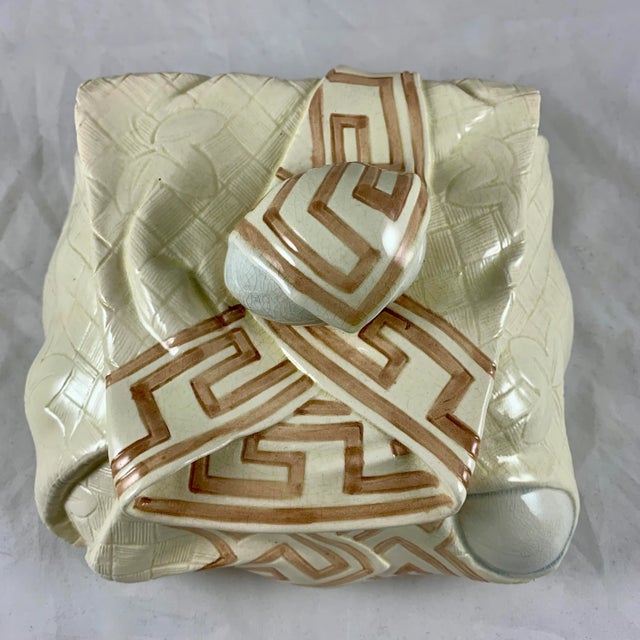 De Sarreguemines Sarreguemines Majolica Trompe L’Oeil Greek Key Napkin Egg Box Pâté Terrine For Sale - Image 4 of 13