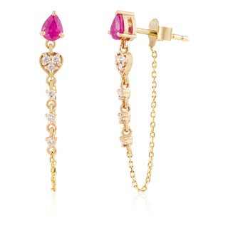 Contemporary Pear Cut Red Ruby & Diamond Chain Earrings in 14k Yellow Gold- A Pair For Sale