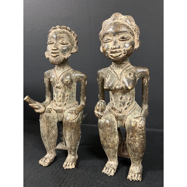 Late 20th Century Pair of African Tribal Art Benin Bronze Royal Statue For Sale - Image 5 of 11