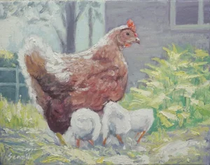 Sean Wu Original Oil Painting of Hen and Chicks
