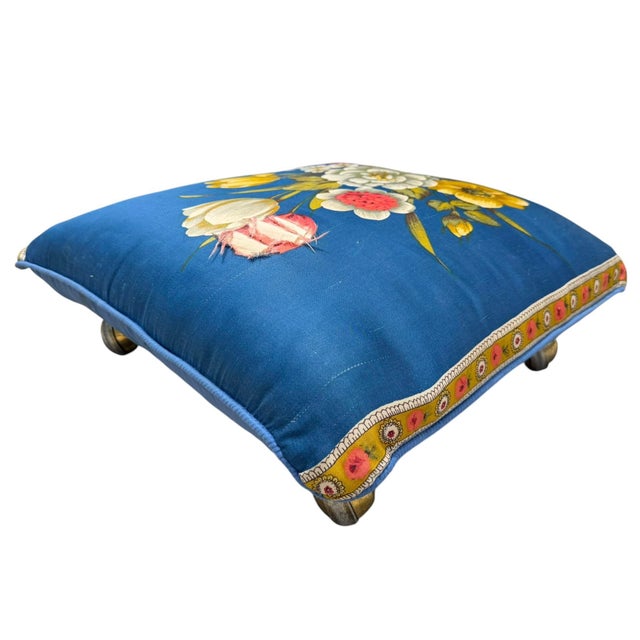 English Vintage Floral Upholstered Footstool on Brass Ball Casters For Sale - Image 3 of 13