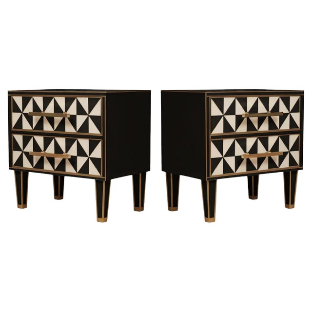 This pair of black and white “Optical Triangular” effect nightstands features an extraordinary blend of mid-century modern...