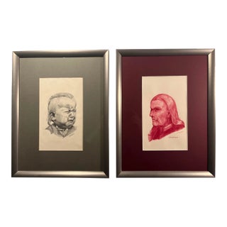 Lot of Two 1970's Original Drawings by American Indian Artist Bud Boller For Sale